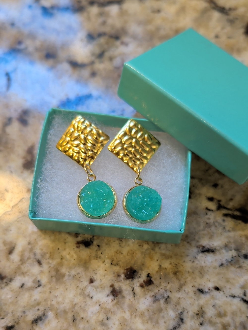 Gold Drop Earrings with Turquoise Druzy Style Discs